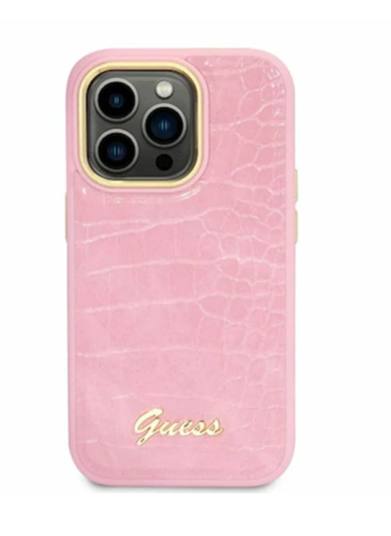 GUESS iPhone 16 Pro Max PU Croco Hard Case with Script Logo / Slim Profile/ Easy Snap-On/ Comfortable Grip - Pink