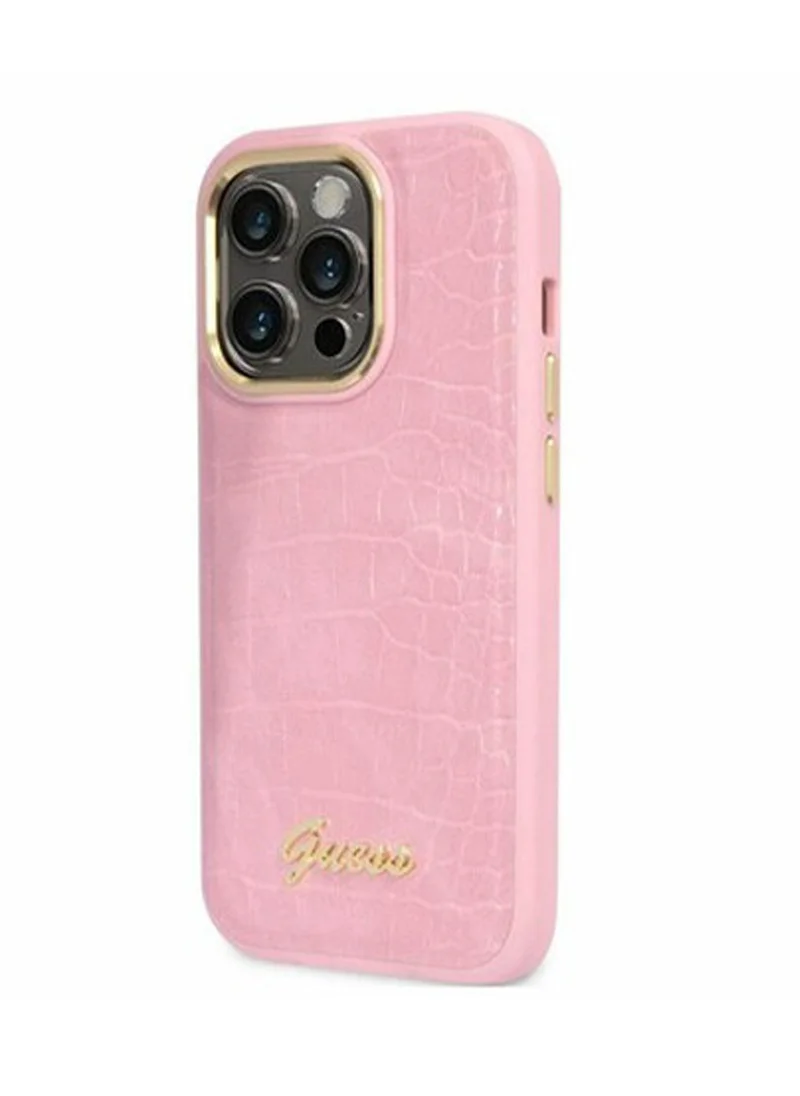 GUESS iPhone 16 Pro Max PU Croco Hard Case with Script Logo / Slim Profile/ Easy Snap-On/ Comfortable Grip - Pink