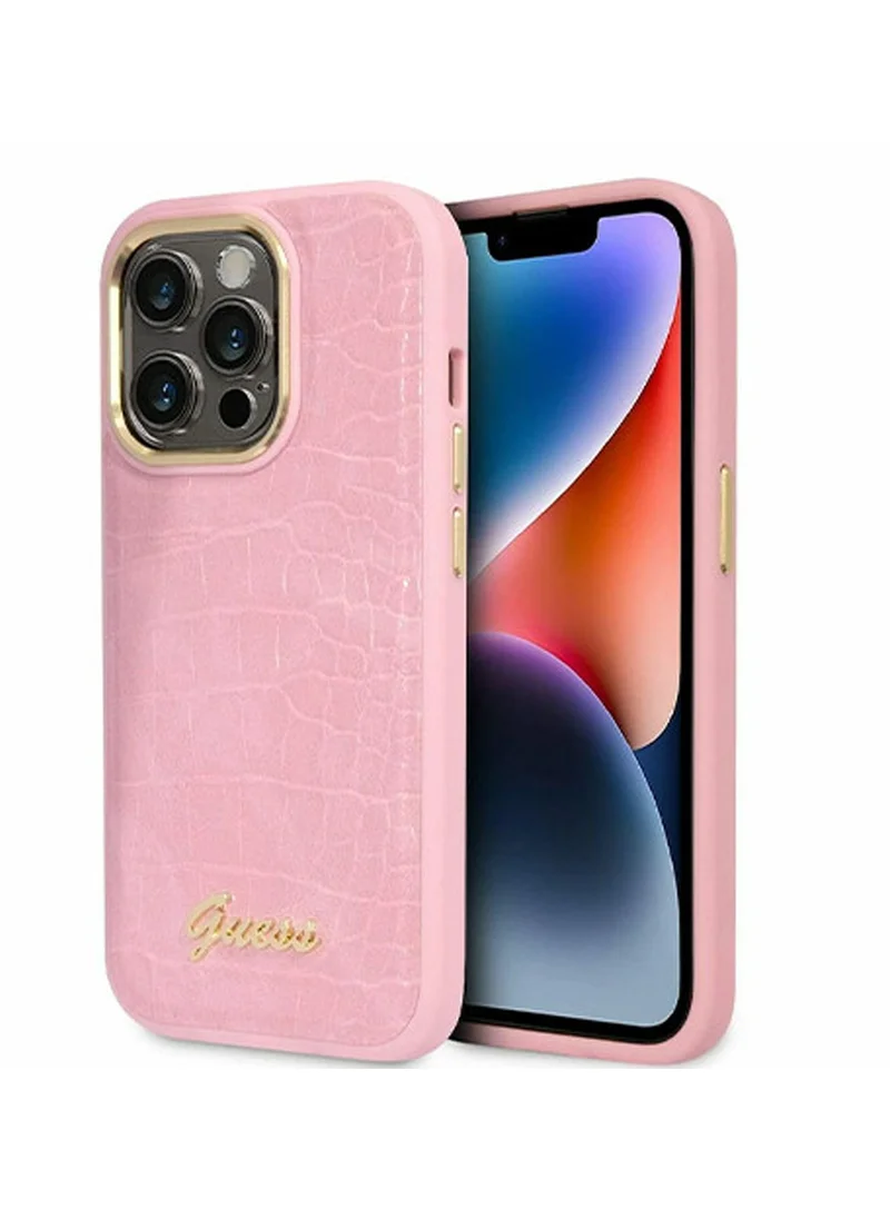 GUESS iPhone 16 Pro Max PU Croco Hard Case with Script Logo / Slim Profile/ Easy Snap-On/ Comfortable Grip - Pink