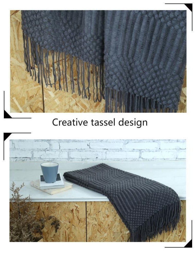 إسكدنيا Knitted Throw Blankets for Couch and Bed, Soft Cozy Knit Blanket with Tassel, Dark Grey Lightweight Decorative Blankets and Throws, Farmhouse Warm Woven Blanket for Men and Women, 130*170cm - Image 4