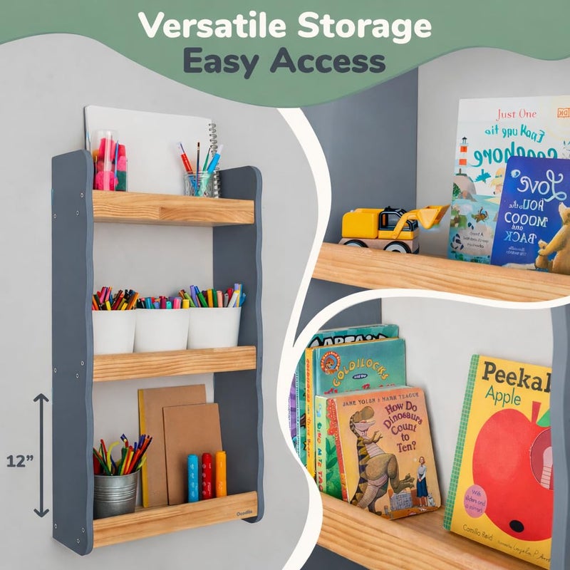 Ocodile Floating Kids Bookshelf â€“ 3-Tier Wall Mounted Bookshelf for Nursery & Playroom â€“ Montessori Floating Shelves for Kids Room Made of Pine Wood with Smooth Finish - Gray - Image 5