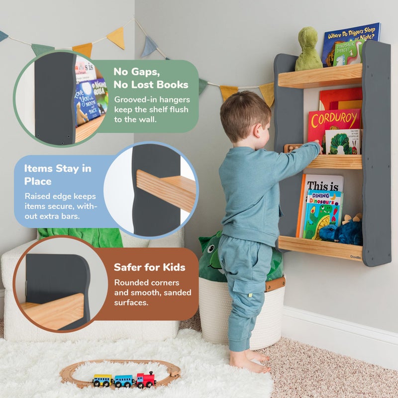 Ocodile Floating Kids Bookshelf â€“ 3-Tier Wall Mounted Bookshelf for Nursery & Playroom â€“ Montessori Floating Shelves for Kids Room Made of Pine Wood with Smooth Finish - Gray - Image 3