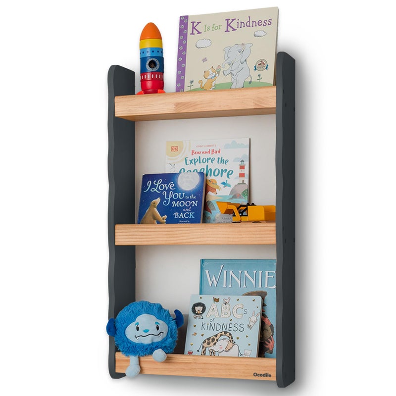 Ocodile Floating Kids Bookshelf â€“ 3-Tier Wall Mounted Bookshelf for Nursery & Playroom â€“ Montessori Floating Shelves for Kids Room Made of Pine Wood with Smooth Finish - Gray - Image 1