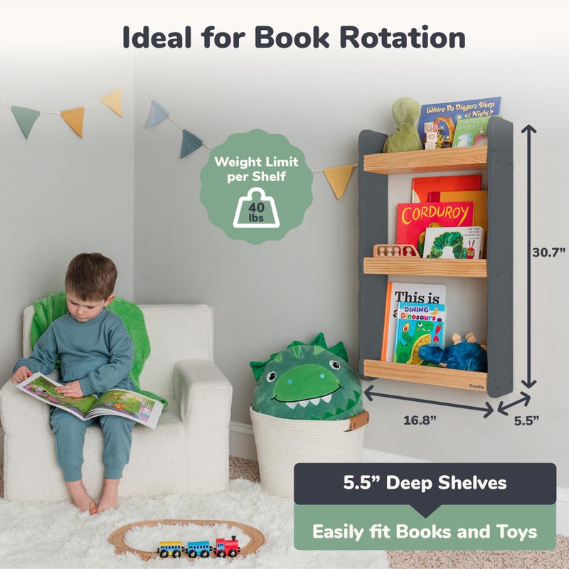 Ocodile Floating Kids Bookshelf â€“ 3-Tier Wall Mounted Bookshelf for Nursery & Playroom â€“ Montessori Floating Shelves for Kids Room Made of Pine Wood with Smooth Finish - Gray - Image 4