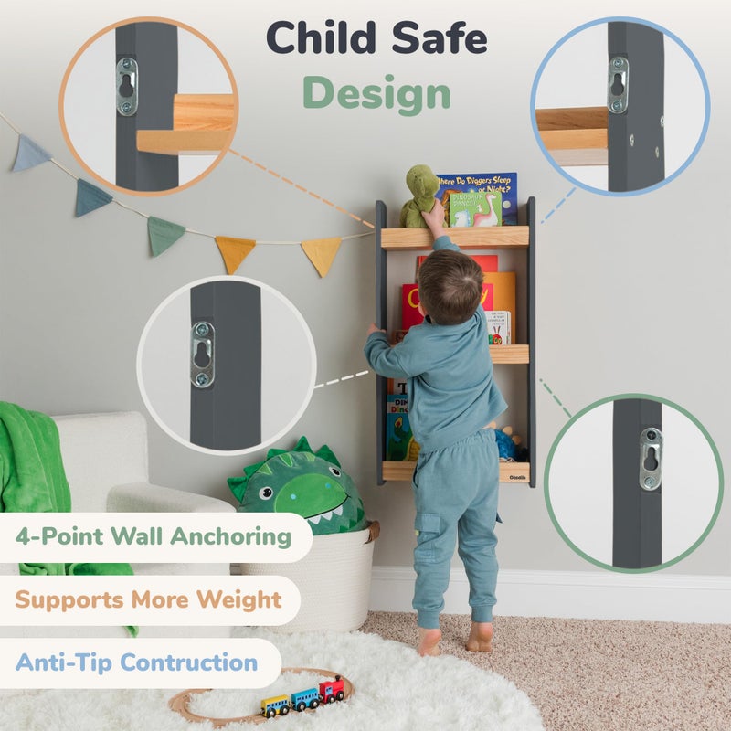 Ocodile Floating Kids Bookshelf â€“ 3-Tier Wall Mounted Bookshelf for Nursery & Playroom â€“ Montessori Floating Shelves for Kids Room Made of Pine Wood with Smooth Finish - Gray - Image 2