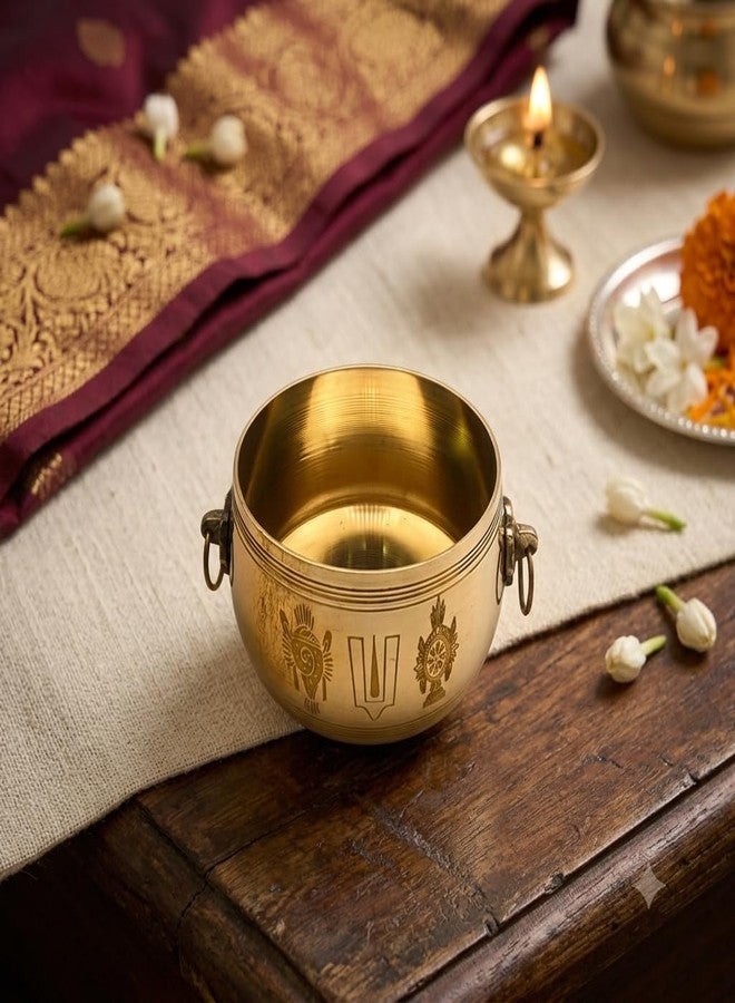 YRK ENTERPRISES Premium Mini Brass para | نيرابارا | جانجالام | وعاء قياس الأرز التقليدي بوجا مع شانخ منقوش وشاكرا ونمام 3.5 بوصة - Image 3