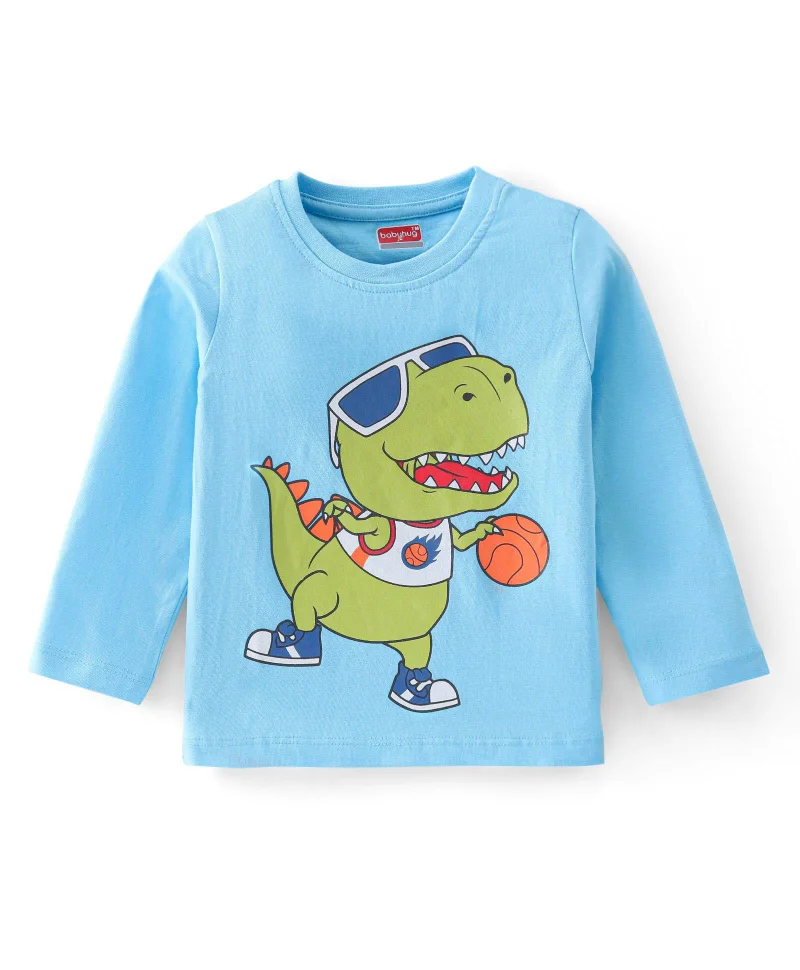 babyhug Babyhug Cotton Knit Full Sleeves Dino Graphic T-Shirt - Blue