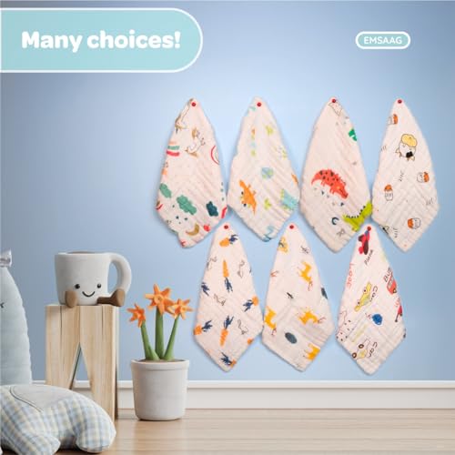 EMSAAG Muslin Animal Pattern Baby Washcloths Pack of 7 - Absorbent Baby Bath and Face Towels, 100% Cotton Baby Wipes, Burp Cloths, Feeding Towels for Babies and Infants - 10 x 10’ (Animal Pattern) - Image 5