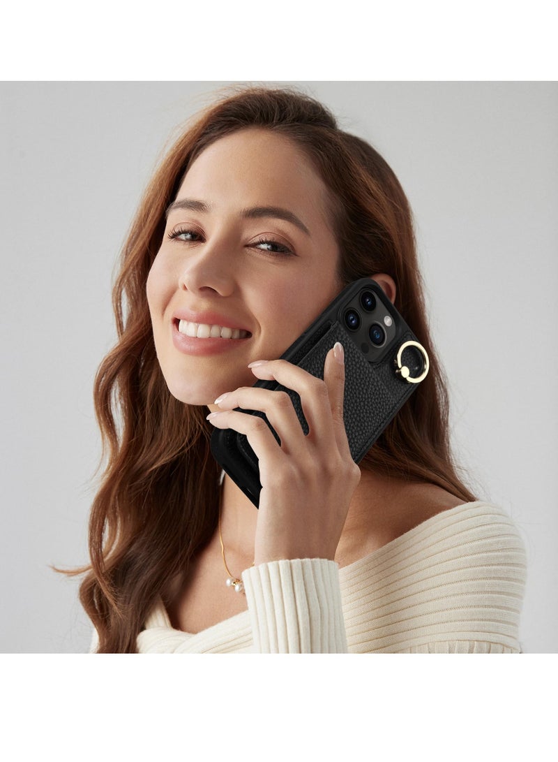 Excefore حافظة كروس لهاتف آيفون 15 برو ماكس مع فتحات بطاقة RFID، حزام حبل قابل للفصل، حامل حلقي 360 درجة، حافظة آيفون 15 برو ماكس بطباعة ليتشي (أسود، 6.7 بوصة) - Image 3