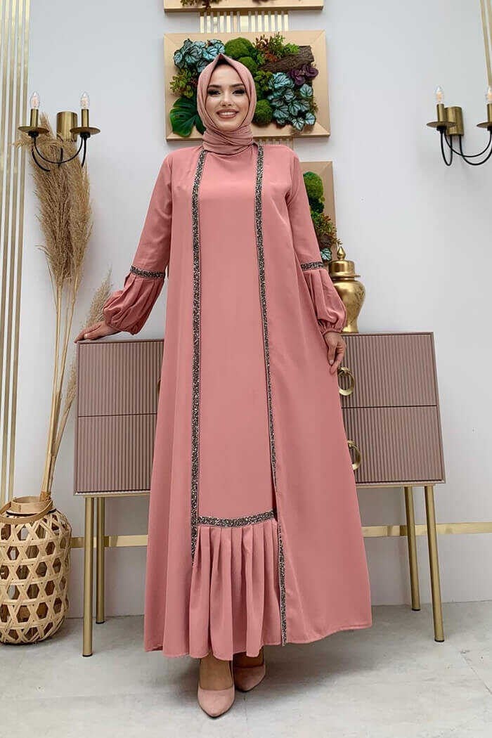 Bym Fashion Stone Detailed Abaya Zero Sleeve Dress Set 3657 Powder  - Image 1