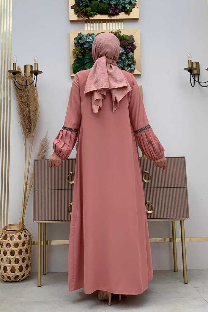 Bym Fashion Stone Detailed Abaya Zero Sleeve Dress Set 3657 Powder  - Image 4