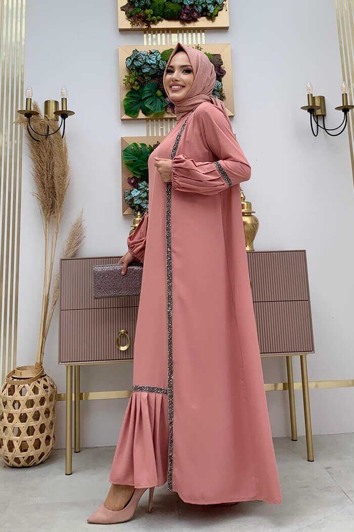 Bym Fashion Stone Detailed Abaya Zero Sleeve Dress Set 3657 Powder  - Image 3