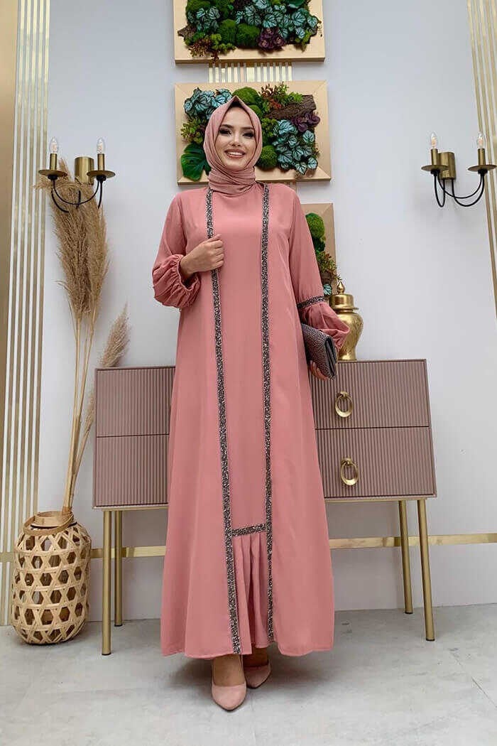 Bym Fashion Stone Detailed Abaya Zero Sleeve Dress Set 3657 Powder  - Image 2