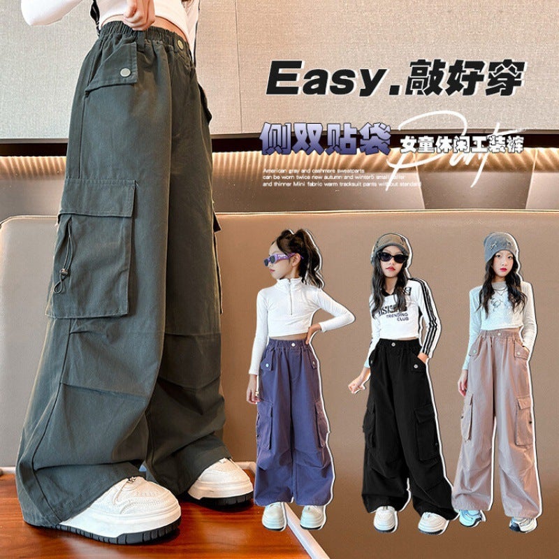 Girls' Overalls Children'S Trendy Cool All-Match Wide-Leg Pants Autumn Girls' Casual Loose Autumn Children'S Pants - Image 3