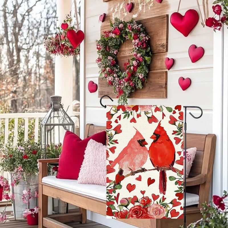 RABUSOFA Valentine's Day Cardinals Garden Flag 12x18 Inch Double Sided, Red Love Hearts Flag Anniversary Wedding Holiday Yard Lawn Outdoor Outside Decoration Red - Image 3