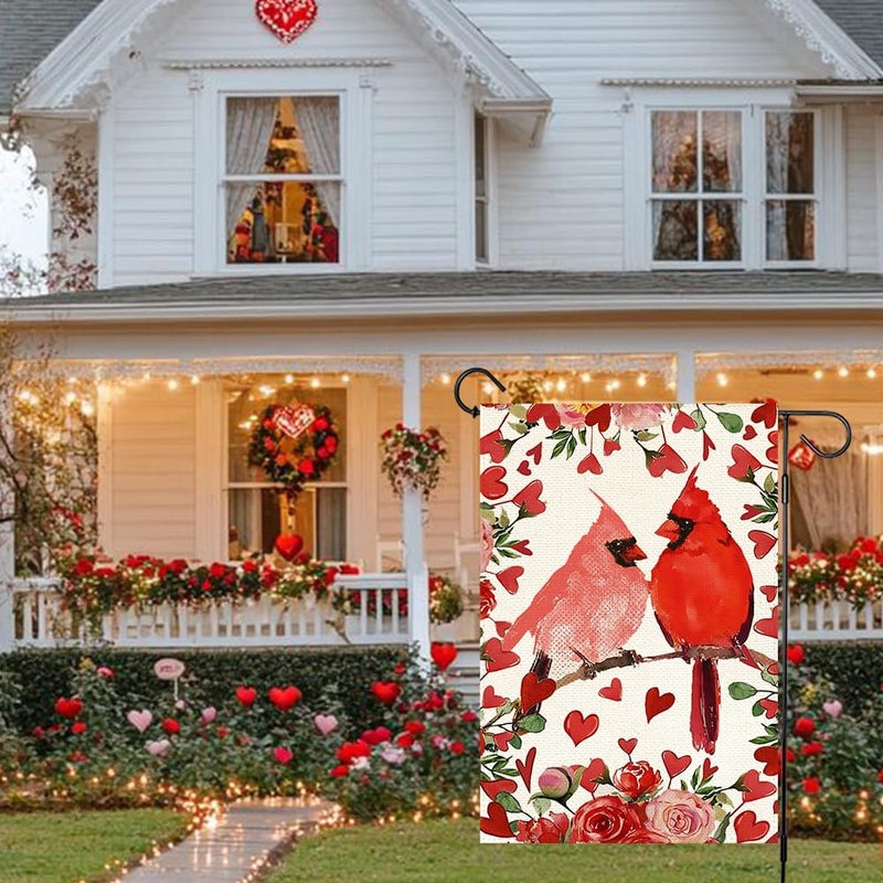RABUSOFA Valentine's Day Cardinals Garden Flag 12x18 Inch Double Sided, Red Love Hearts Flag Anniversary Wedding Holiday Yard Lawn Outdoor Outside Decoration Red - Image 2