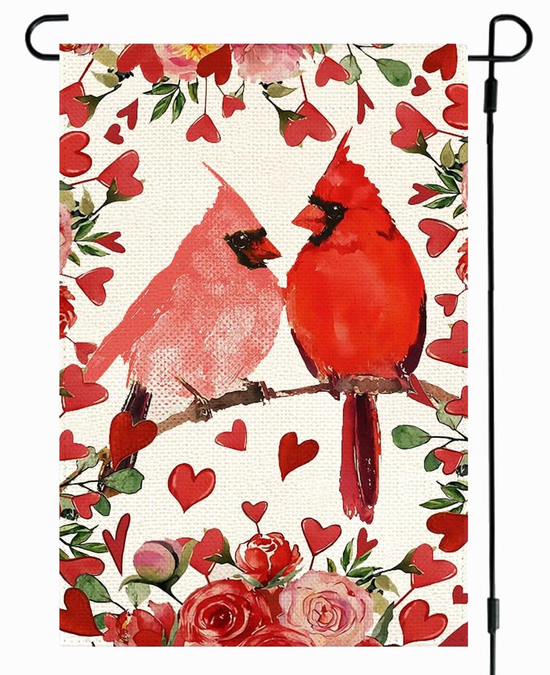 RABUSOFA Valentine's Day Cardinals Garden Flag 12x18 Inch Double Sided, Red Love Hearts Flag Anniversary Wedding Holiday Yard Lawn Outdoor Outside Decoration Red - Image 1