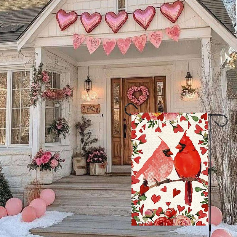 RABUSOFA Valentine's Day Cardinals Garden Flag 12x18 Inch Double Sided, Red Love Hearts Flag Anniversary Wedding Holiday Yard Lawn Outdoor Outside Decoration Red - Image 4
