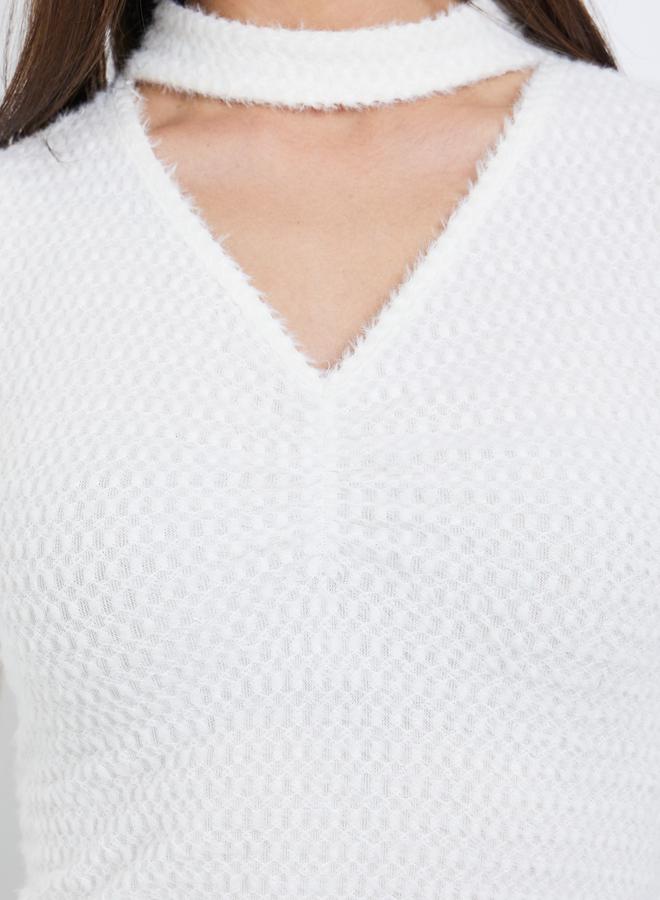 تايك تو سويتر سادة بنقشة بارزة وياقة مفتوحة وأكمام طويلة - Image 4