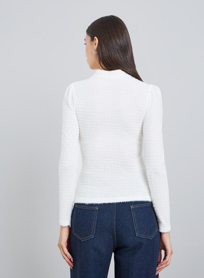 تايك تو سويتر سادة بنقشة بارزة وياقة مفتوحة وأكمام طويلة - Image 5