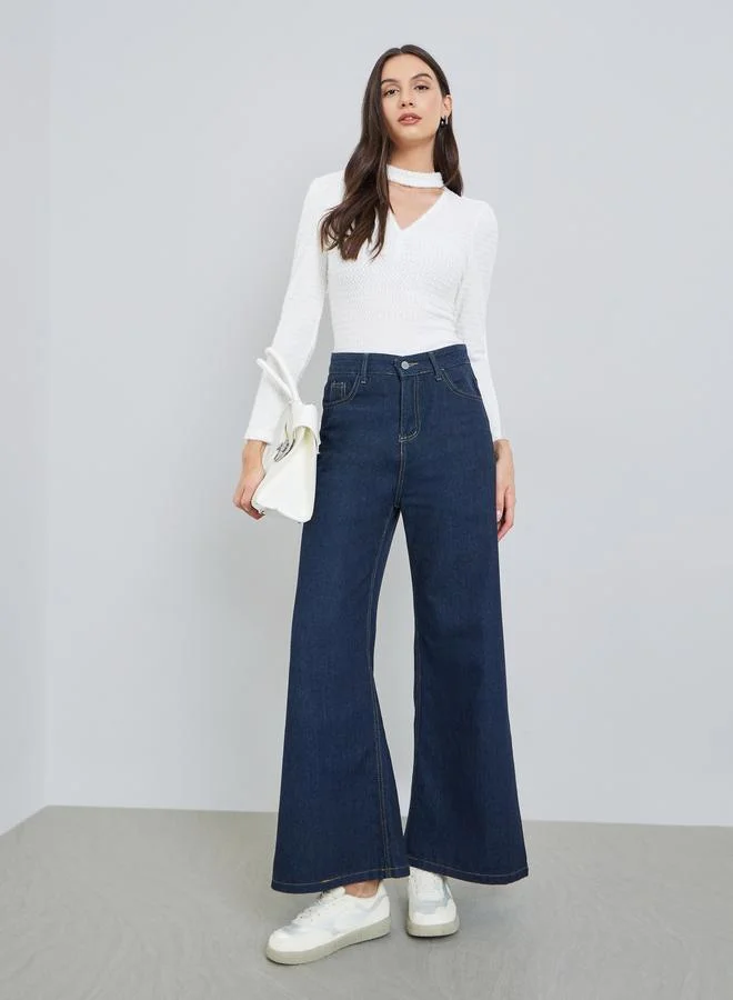 Take Two Solid Textured Cut Out Neck Long Sleeve Sweater