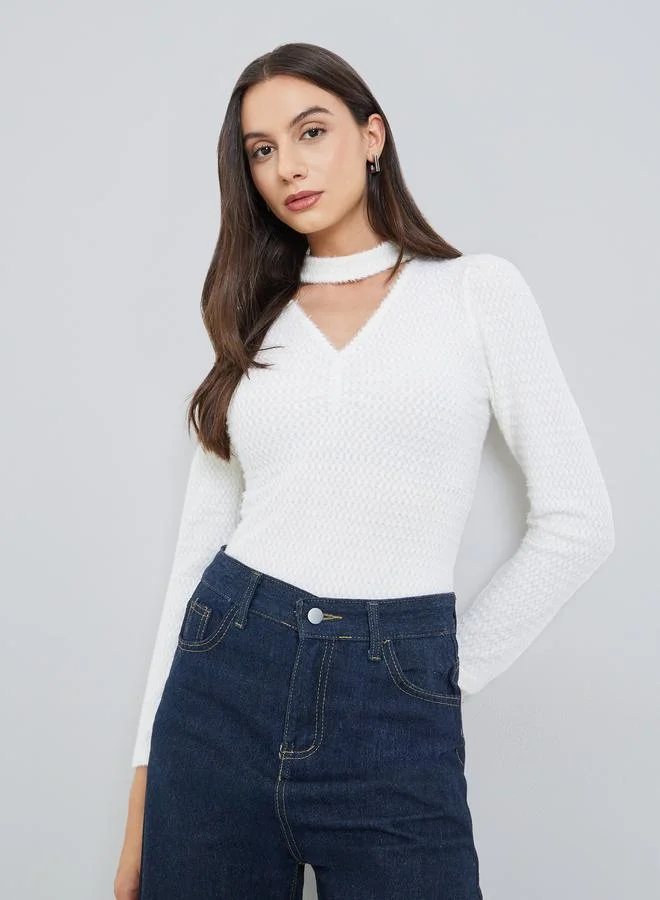 Take Two Solid Textured Cut Out Neck Long Sleeve Sweater