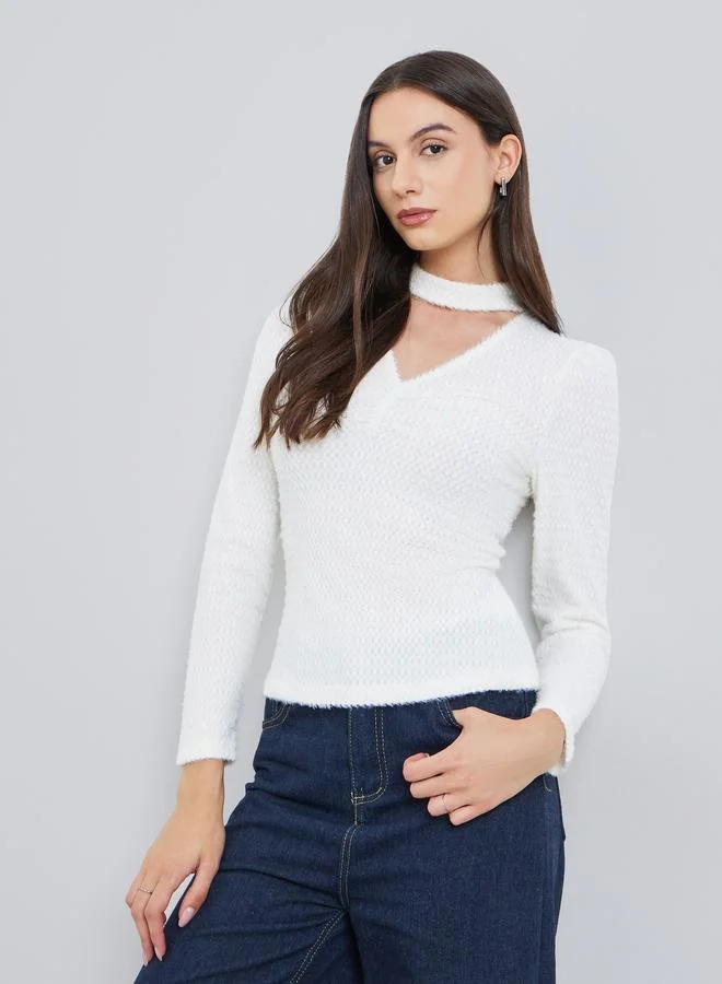 تايك تو سويتر سادة بنقشة بارزة وياقة مفتوحة وأكمام طويلة