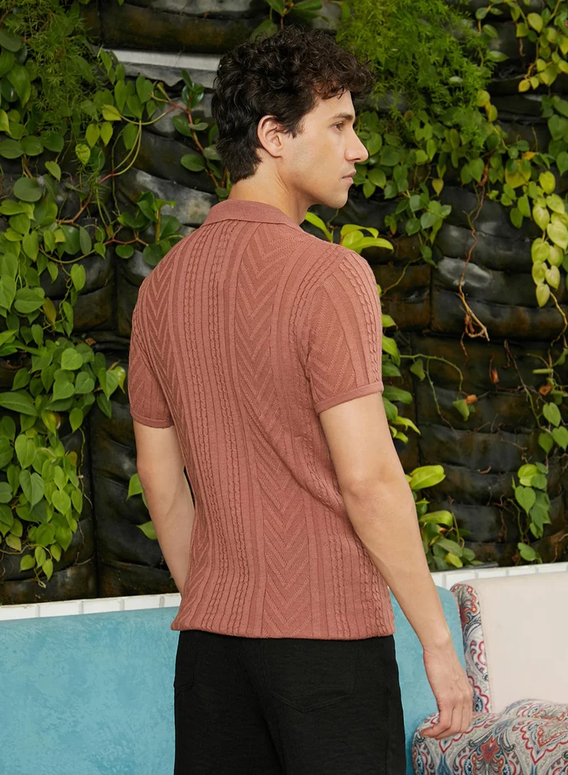Campus Sutra Men's Russet Brown Geometric-Textured Polo T-Shirt