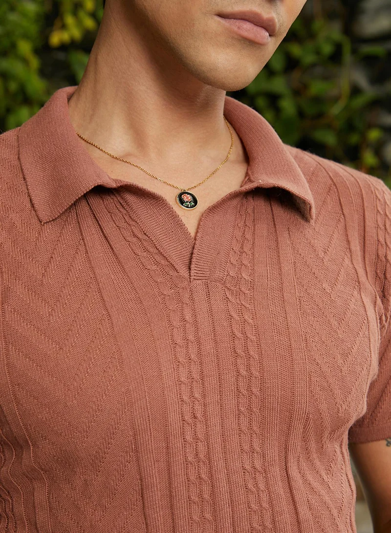 Campus Sutra Men's Russet Brown Geometric-Textured Polo T-Shirt