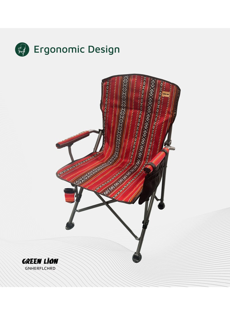 GREEN LION Heritage Foldable Chair 600D Oxford Fabric with Foldable Design / 200 Kg Max Load Capacity / Iron Pipe Material / Cup Holder / Ergonomic Design / Heavy-Duty Weight Capacity - Ethnic Red  - Image 4