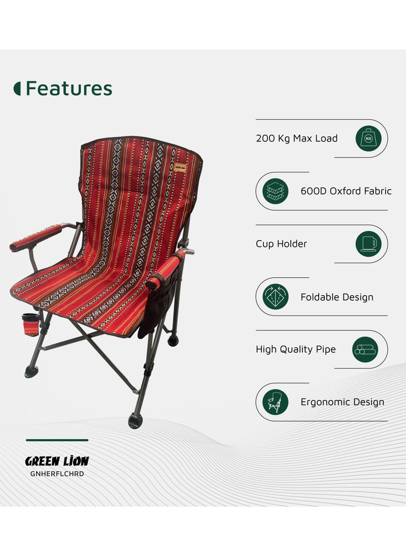 GREEN LION Heritage Foldable Chair 600D Oxford Fabric with Foldable Design / 200 Kg Max Load Capacity / Iron Pipe Material / Cup Holder / Ergonomic Design / Heavy-Duty Weight Capacity - Ethnic Red  - Image 2