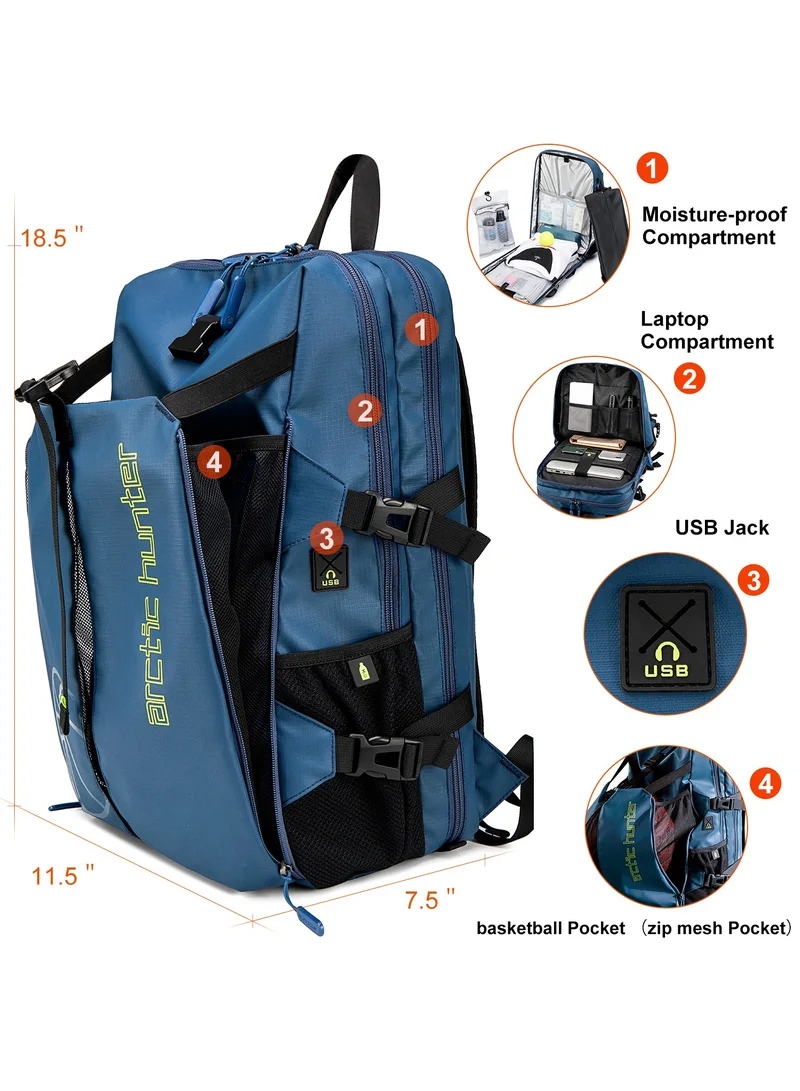 ARCTIC HUNTER Durable Gym Sports Backpack Water Resistant 18.5 Inch Casual Daypack with Luggage Trolley Carry Belt and Built in USB Jack for Men B00391-XD Blue
