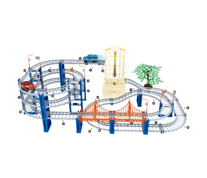 Rail Car Series, Multi-Level Electric Race Track with Automatic Lift, Bridge and Stunt Ramp, Adventure Car Playset with Music and Lights, Creative Building Toy for Kids (91 Pcs)