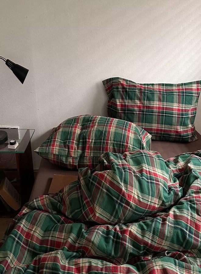 MKXI Vintage Buffalo Plaid Duvet Cover Set 3-Piece | 100% Washed Cotton Reversible Bedding Green/Red Checkered Full Size with Zipper & Corner Ties Farmhouse & Shabby Chic Design - Image 5