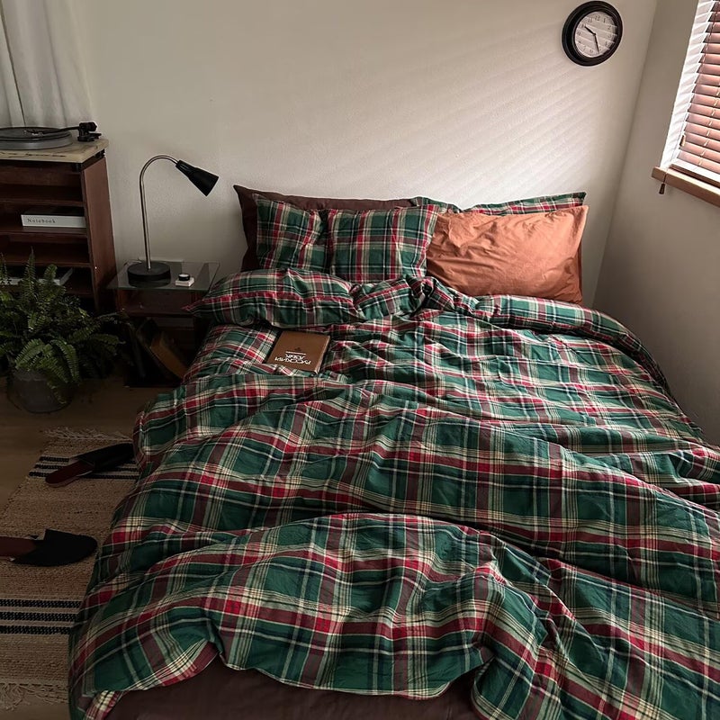 MKXI Vintage Buffalo Plaid Duvet Cover Set 3-Piece | 100% Washed Cotton Reversible Bedding Green/Red Checkered Full Size with Zipper & Corner Ties Farmhouse & Shabby Chic Design - Image 1
