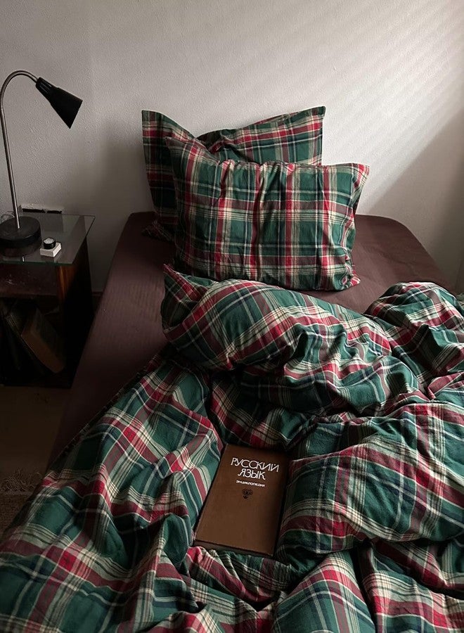 MKXI Vintage Buffalo Plaid Duvet Cover Set 3-Piece | 100% Washed Cotton Reversible Bedding Green/Red Checkered Full Size with Zipper & Corner Ties Farmhouse & Shabby Chic Design - Image 3