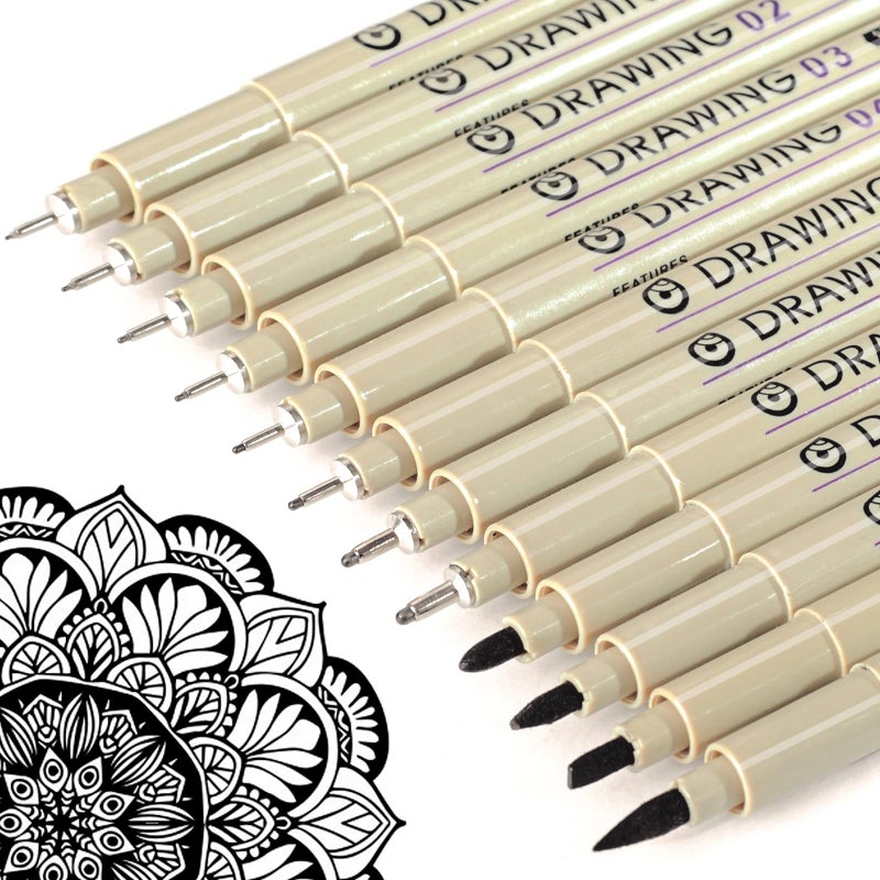 Drawing Art Pens: 12 Black Pens With 0.2mm-3.0mm & Brush Tips - Waterproof Archival Pigment Ink Smooth Skip-Free Nylon Nibs for Artists Beginners Home School Office - Image 1