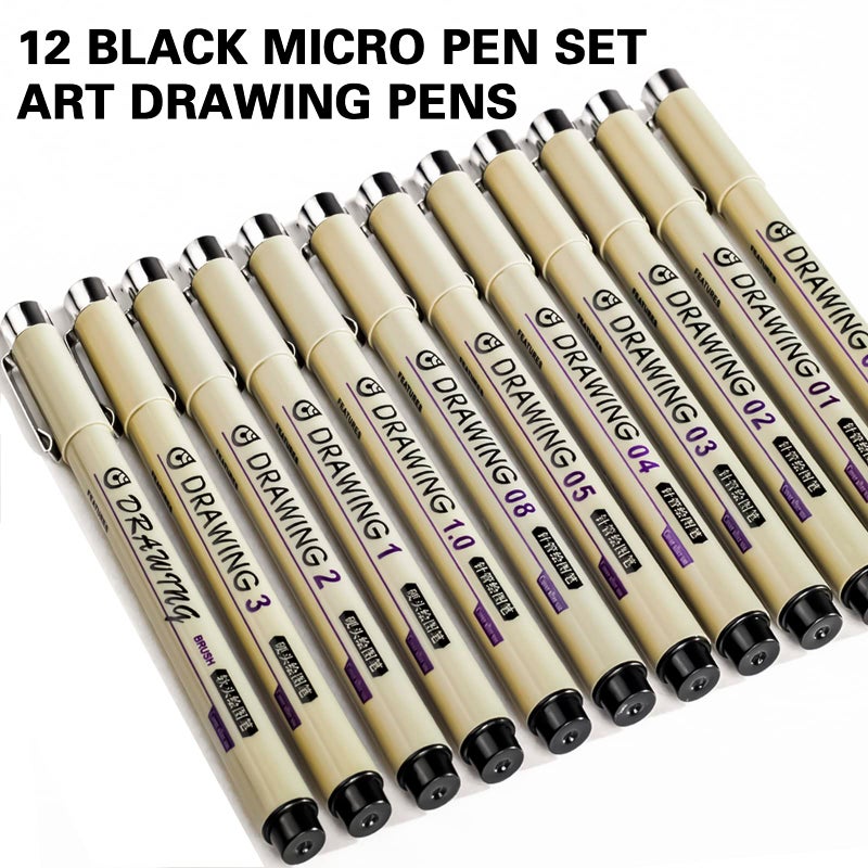 Drawing Art Pens: 12 Black Pens With 0.2mm-3.0mm & Brush Tips - Waterproof Archival Pigment Ink Smooth Skip-Free Nylon Nibs for Artists Beginners Home School Office - Image 3