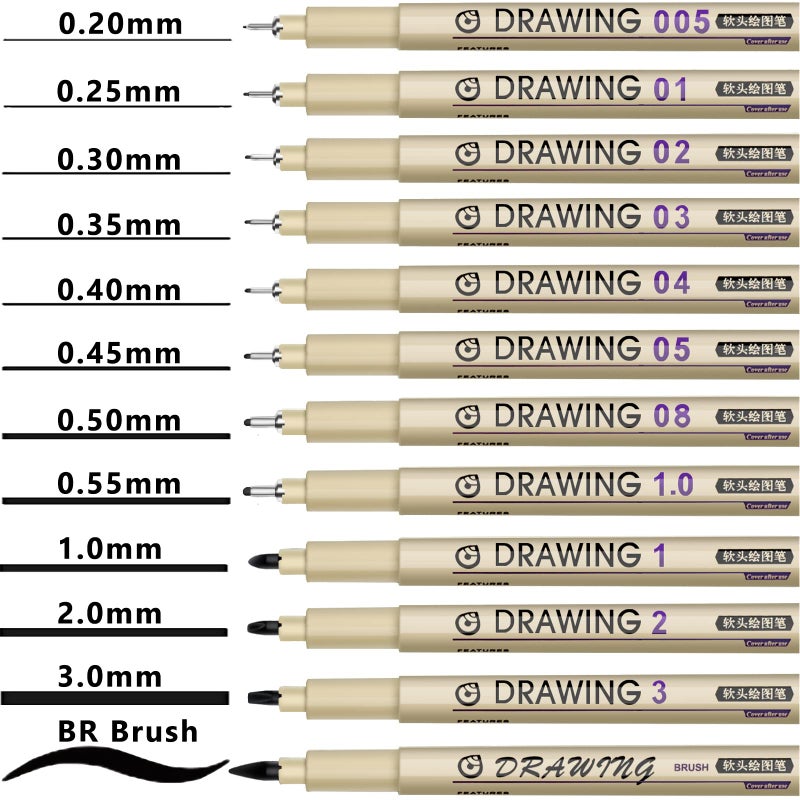 Drawing Art Pens: 12 Black Pens With 0.2mm-3.0mm & Brush Tips - Waterproof Archival Pigment Ink Smooth Skip-Free Nylon Nibs for Artists Beginners Home School Office - Image 4