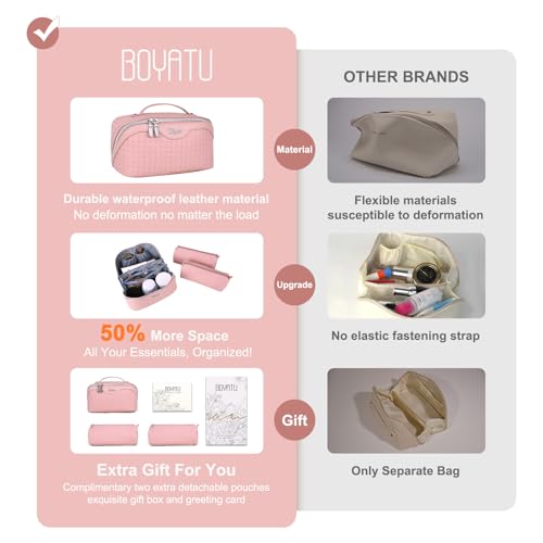 BOYATU Travel Makeup Bag Cosmetic Bags for Women: Large Capacity 3 Pcs Set Make up Bag with Compartments - Waterproof Vegan Leather Toiletry Organizer Bags with Handle (L39 Pink) - Image 5