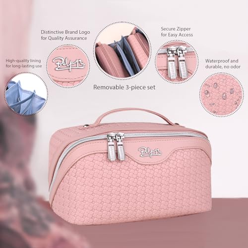 BOYATU Travel Makeup Bag Cosmetic Bags for Women: Large Capacity 3 Pcs Set Make up Bag with Compartments - Waterproof Vegan Leather Toiletry Organizer Bags with Handle (L39 Pink) - Image 2
