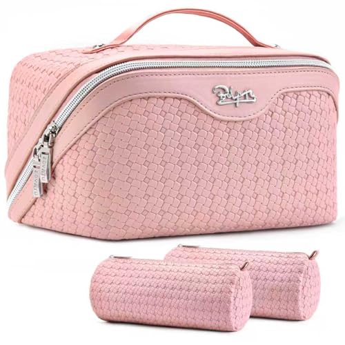 BOYATU Travel Makeup Bag Cosmetic Bags for Women: Large Capacity 3 Pcs Set Make up Bag with Compartments - Waterproof Vegan Leather Toiletry Organizer Bags with Handle (L39 Pink) - Image 1