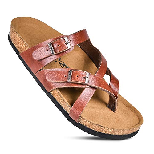 AEROTHOTIC Recovery Slides for Women Comfortable Memory Foam Cork Footbed Cute Faux Leather Adjustable Buckle Straps Walking Travel Outdoor women sandals (Celestis Tan, Size 9) - Image 1