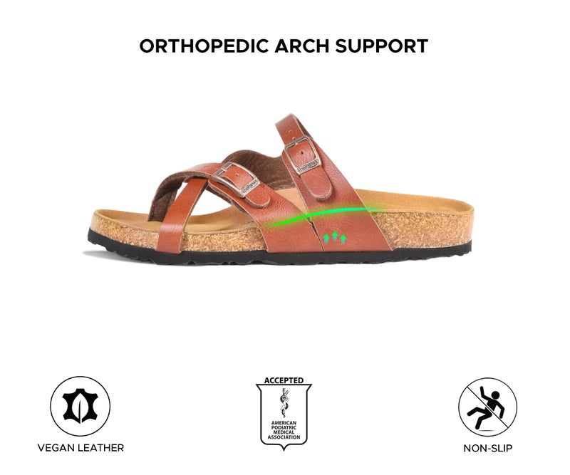 AEROTHOTIC Recovery Slides for Women Comfortable Memory Foam Cork Footbed Cute Faux Leather Adjustable Buckle Straps Walking Travel Outdoor women sandals (Celestis Tan, Size 9) - Image 5