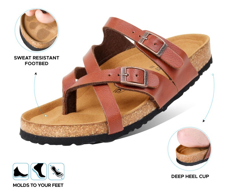 AEROTHOTIC Recovery Slides for Women Comfortable Memory Foam Cork Footbed Cute Faux Leather Adjustable Buckle Straps Walking Travel Outdoor women sandals (Celestis Tan, Size 9) - Image 4