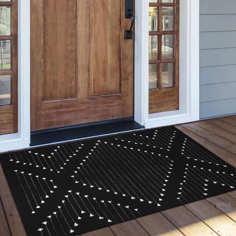 LIVEBOX Black Outdoor Entryway Rug, Washable Boho Porch Rug Cotton Front Door Mat, Moroccan Woven Area Rugs Throw Carpet for Layered Front Door (2.3' x 3.6') - Image 1
