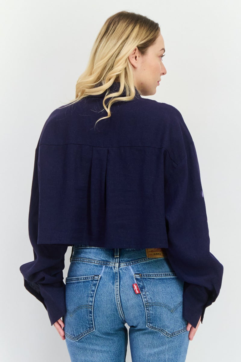 NIA Women Spread Collar Long Sleeve Plain Shirt, Navy Blue - Image 3