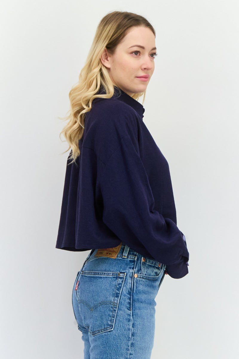 NIA Women Spread Collar Long Sleeve Plain Shirt, Navy Blue - Image 2
