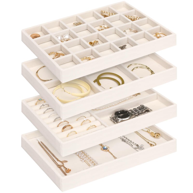 Jenseits 4 Jewelry Organizer Drawer Insert, Stackable Velvet Jewelry Tray Organizer Display Case Storage Containers, Earring Holder Necklace Watch Bracelet Accessary Ring Trays, Gift For Women (Beige) - Image 1