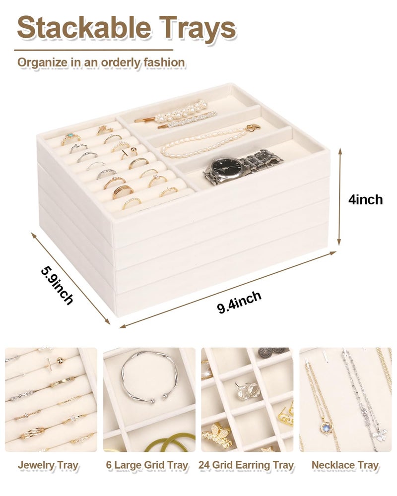 Jenseits 4 Jewelry Organizer Drawer Insert, Stackable Velvet Jewelry Tray Organizer Display Case Storage Containers, Earring Holder Necklace Watch Bracelet Accessary Ring Trays, Gift For Women (Beige) - Image 5